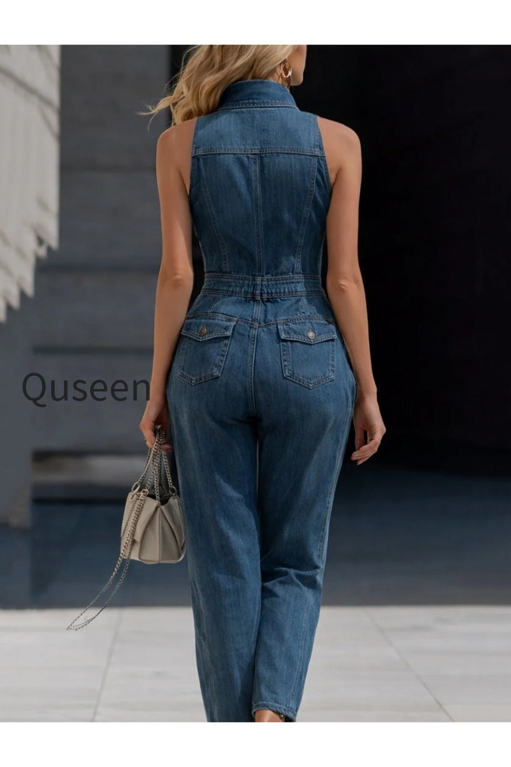 Denim Halter Neck Zip-Front Cropped-Leg Jumpsuit