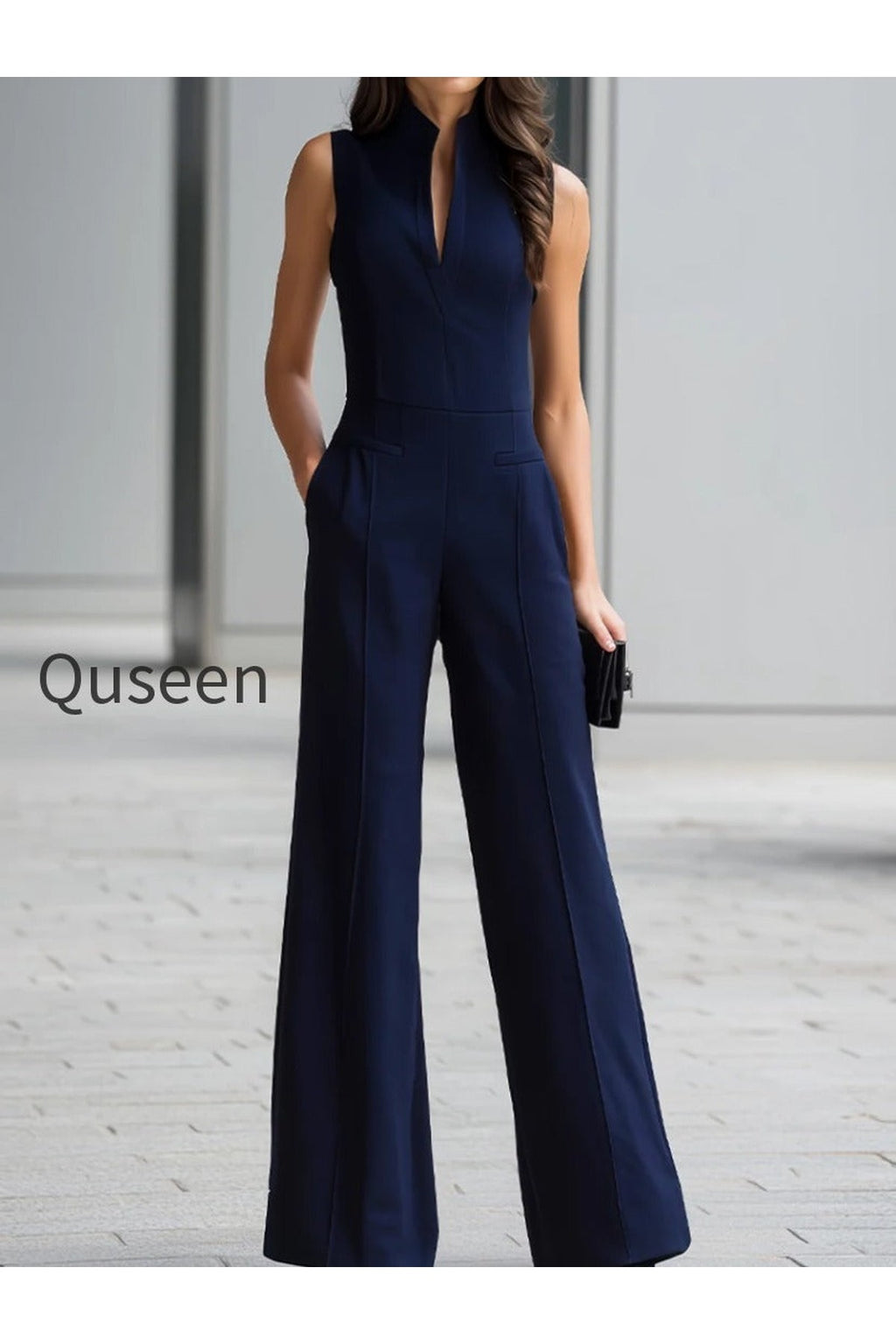 Navy Sleeveless Plunge-Neck Wide-Leg Jumpsuit