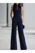 Navy Sleeveless Plunge-Neck Wide-Leg Jumpsuit