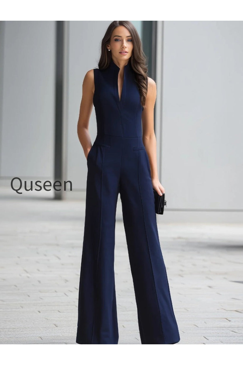 Navy Sleeveless Plunge-Neck Wide-Leg Jumpsuit