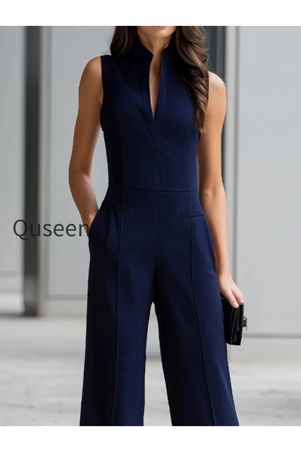 Navy Sleeveless Plunge-Neck Wide-Leg Jumpsuit
