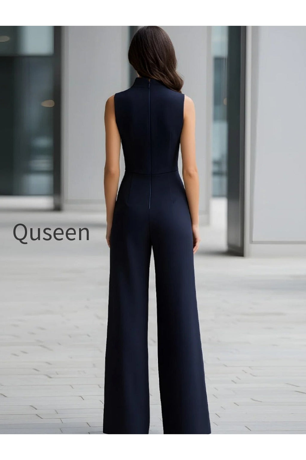 Navy Sleeveless Plunge-Neck Wide-Leg Jumpsuit