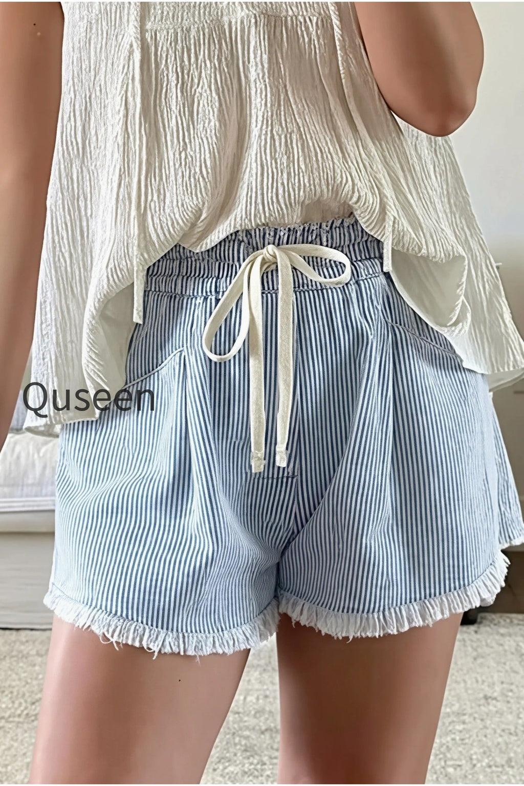 Striped Raw Hem Denim Shorts