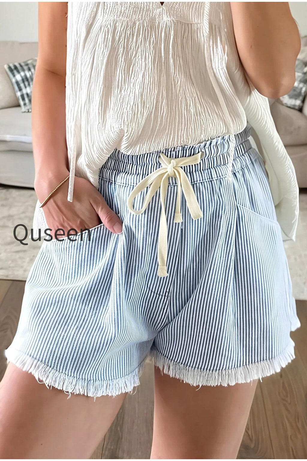 Striped Raw Hem Denim Shorts
