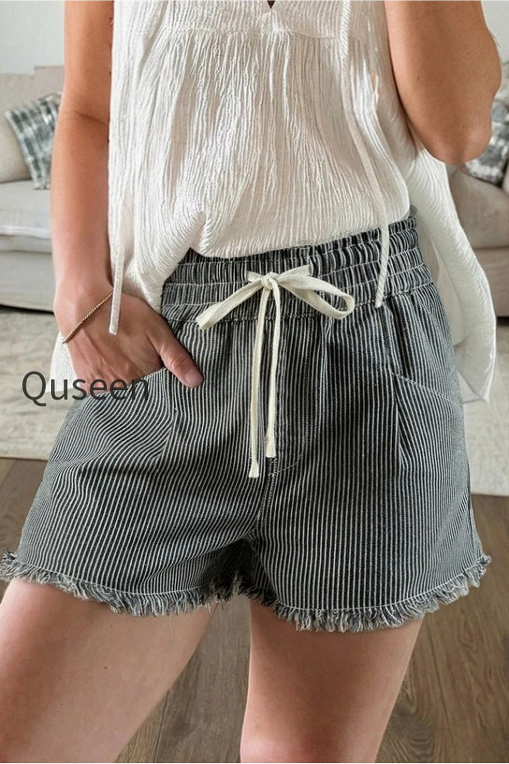 Striped Raw Hem Denim Shorts